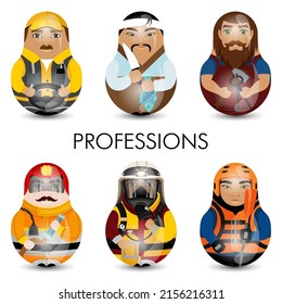 Design tilting toy. Collection of different professions: fireman, lifeguard, sushi chef, forklift driver and blacksmith.Modern kawaii dolls for your business project. Vector.