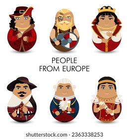 Design tilting toy. Residents of European countries in historical costumes. Europeans. Modern kawaii dolls for your business project. Vector