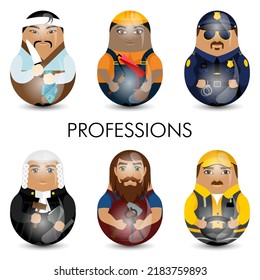 Design tilting toy. Set of people of various professions. Painter, blacksmith, judge, sushi chef, policeman, trucker. Modern kawaii dolls for your business project. Vector