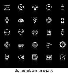 Design time line icons with reflect on black background, stock vector