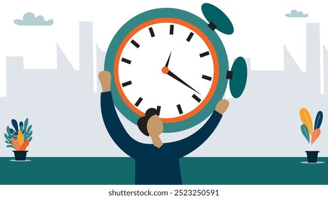 design of Time management failure, depressed businessman salary man carry heavy big clock burden