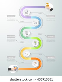 Design de modelo de infográfico da linha do tempo. As opções de conceito de negócios 6 podem ser usadas para layout de fluxo de trabalho, diagrama, opções de número, período ou projeto de marcos.