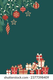 Design-Titelhintergrund mit Weihnachtsschmuck und verschiedenen Geschenken	

