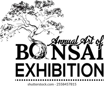 The design titled "Annual Art of Bonsai Exhibition" is a stunning minimalist artwork that captures the essence of bonsai culture. It features a beautifully stylized bonsai tree with intricate details 