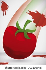 Design with a tomato thrown at full speed, close to the floor in a splattered background.