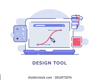 Design tool concept pen make curve line on display laptop screen with flat outline style