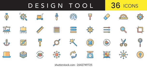 Conjunto de ícones de cores planas da ferramenta de design - Ícones vetoriais criativos de ferramentas de interface do usuário, equipamentos de desenho e elementos de design gráfico