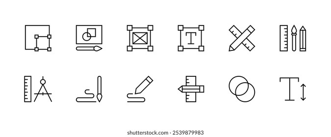 Design tool icon collection. Graphic design icon set. Fine art, design tools, work area, measure, type tool, drawing and more. Editable stroke. Pixel Perfect. Grid base 32px.