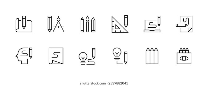 Icono de herramienta de diseño colección. Conjunto de iconos de Diseño gráfico. Bellas artes, herramientas de diseño, área de trabajo, medida, inspiración, dibujo y más. Trazo editable. Pixel perfecto. Base de rejilla 32px.