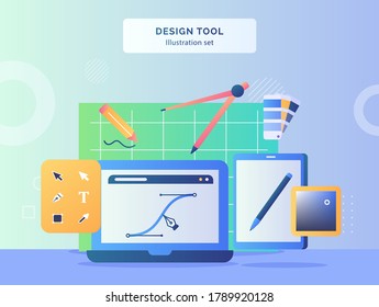 Design tool illustration set line pen tool display monitor laptop background compass drawn pencil pallet color toolbar tablet and flat style 