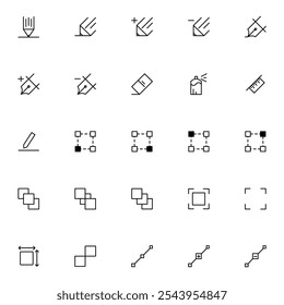 Design tool interface vector icons for digital and graphic design applications. Includes icons for alignment, brush, pen, eraser, color, path, move tool, and settings. Ideal for creative projects.