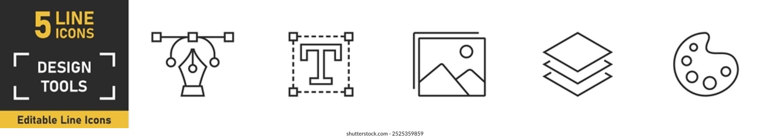 Symbolsatz für Entwurfswerkzeugzeile. Satz von 5 Gliederungssymbolen, die sich auf das Design-Tool beziehen. Vektorgrafik.