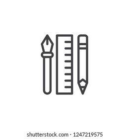 Design tool outline icon. linear style sign for mobile concept and web design. Ruler with pen tool and fountain pen simple line vector icon. Drawing tools symbol, logo illustration. Pixel perfect