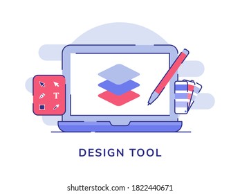 Design tool pen drawing shape on display laptop screen white isolated background with flat outline style