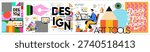 Design, tools, art and workspace. Vector modern creative illustrations of a designer working at a computer at a desk in his workplace, pencil, pen, graphics tablet, geometric pattern, typographic logo, fan with color palette for icons, poster, and presentation