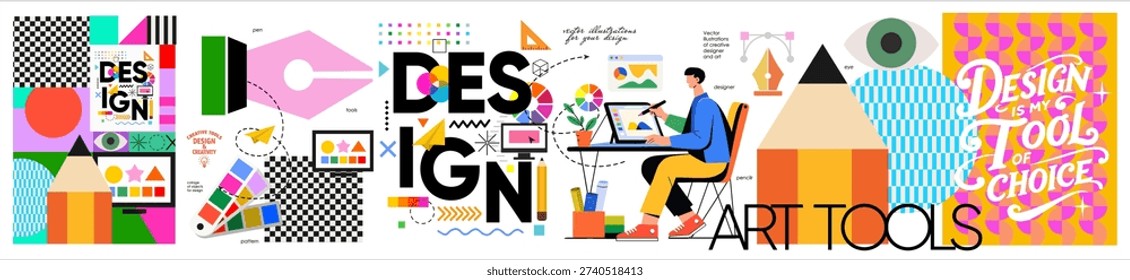 Design, tools, art and workspace. Vector modern creative illustrations of a designer working at a computer at a desk in his workplace, pencil, pen, graphics tablet, geometric pattern, typographic logo, fan with color palette for icons, poster, and presentation
