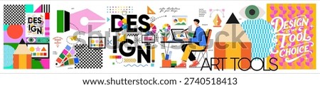 Design, tools, art and workspace. Vector modern creative illustrations of a designer working at a computer at a desk in his workplace, pencil, pen, graphics tablet, geometric pattern, typographic logo, fan with color palette for icons, poster, and presentation
