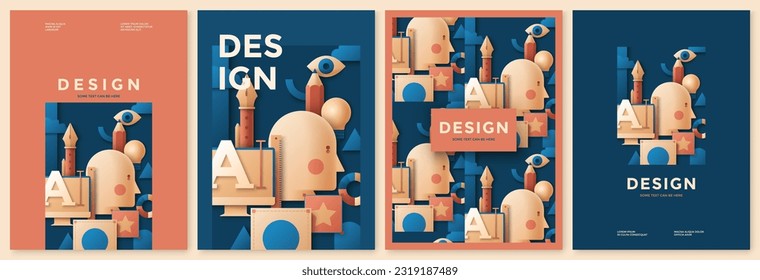 Design Tools Elements. Vector illustration of abstract paper cut screen, pencil, creator head, eye, pen for greeting card, background or wallpaper