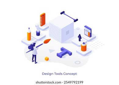 Design Tools for Everyone isometric conceptual template. Digital instruments for graphic designer work. Internet art studio website. 3d creative vector illustration for web page development