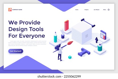 Design Tools for Everyone isometric landing page template. Digital instruments for graphic designer work. Internet art studio website. 3d creative vector illustration for web page development