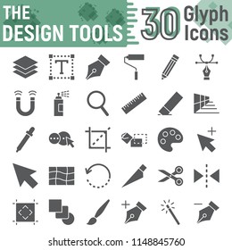 Design tools glyph icon set, graphic design symbols collection, vector sketches, logo illustrations, soft signs solid pictograms package isolated on white background, eps 10.