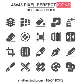 Design and tools glyph icon set. Pen, crop, eraser, color palette, selection, pencil, rotate, eyedropper unique icons. Flat vector bundle for UI UX design. 48x48 pixel perfect GUI pictograms pack.