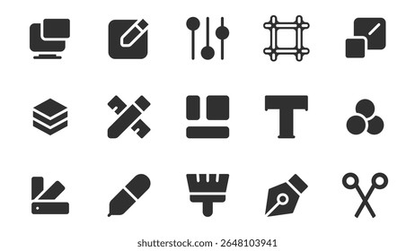 Design tools glyph icons pack for web design. Solid icon set with computer, drawing, adjusting, zoom effect, layers, pencil and ruler, text, colors swatch and more pictograms. Vector illustration.
