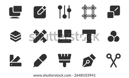 Design tools glyph icons pack for web design. Solid icon set with computer, drawing, adjusting, zoom effect, layers, pencil and ruler, text, colors swatch and more pictograms. Vector illustration.