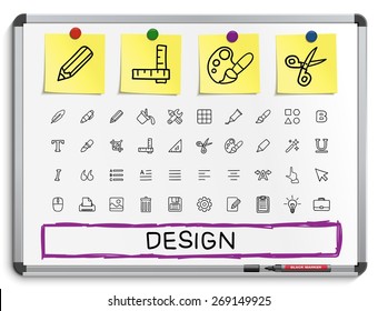 Design Tools Hand Drawing Line Icons. Vector Doodle Pictogram Set: Sketch Sign Illustration On White Marker Board With Paper Stickers: Palette, Magic Brush, Pencil, Pipette, Bucket, Clip, Grid, Bold.