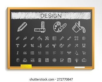 Design tools hand drawing line icons. Vector doodle pictogram set: chalk sketch sign illustration on blackboard with hatch symbols: palette, magic brush, PENCIL, pipette, bucket, clip, grid, bold.