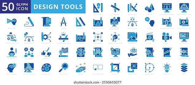 Design Ferramentas ícone conjunto com filme, arquitetura, visual, vídeo, processo, industrial, papel, layout, bússola, engenharia, criatividade, escrita, corte, serviço, zoom, borracha, algoritmo e discussão