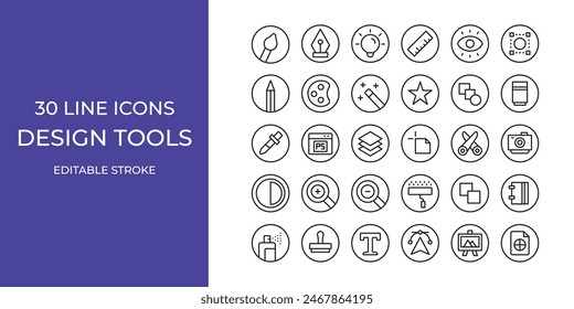 Design tools icon set line vector design editable. rulers, eraser, idea, shape, and more