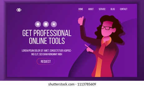 Design Tools Landing Page Vector. Woman. Main Website Page Design. Modern Style. Businesswoman. Developer Interface. Template Illustration