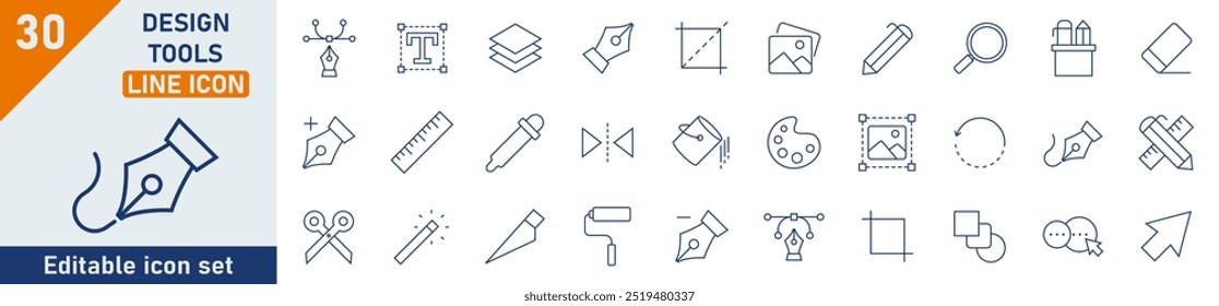 Design Tools line icon set. Set of 30 outline icons related to digital creative tool, paintbrush, palette, prepress, paint and others. Vector illustration.