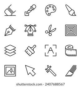 design tools line icons set. ruler, imagination, picture, designer, draw, pencil, portfolio, stroke, font, lined, pen, typography, website, artwork, creativity, outline, development, paint, idea