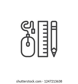 Design tools outline icon. linear style sign for mobile concept and web design. Computer mouse with ruler and pencil simple line vector icon. Symbol, logo illustration. Pixel perfect vector graphics