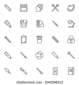 Design tools outline icons set. linear style symbols collection, line signs pack. vector graphics. Set includes icons as Crayon , box, Papers, Scissors, Color palette, Acrylic paint tube