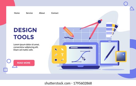 Design tools pen drawing line on display computer campaign for web website home homepage landing page template banner with modern flat style