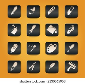 Design tools symbols on black buttons on yellow background