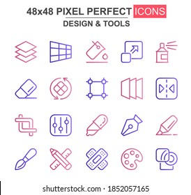 Design and tools thin line icon set. Pen, crop, eraser, palette, selection, pencil, rotate, eyedropper unique icons. Outline vector bundle for UI UX design. 48x48 pixel perfect linear pictogram pack.