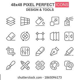 Design and tools thin line icon set. Pen, crop, eraser, palette, selection, pencil, rotate, eyedropper unique icons. Outline vector bundle for UI UX design. 48x48 pixel perfect linear pictogram pack.