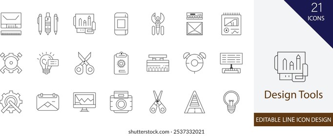 Design Tools thin line icon set. with typography, drawing, computer, pencil, brush, palette, canvas, sketch and more stroke icons