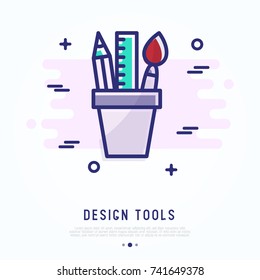 Design tools thin line icon: brush, pencil, ruler. Modern vector illustration of creative equipment.