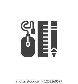 Design tools vector icon. filled flat sign for mobile concept and web design. Computer mouse with ruler and pencil simple solid icon. Symbol, logo illustration. Pixel perfect vector graphics