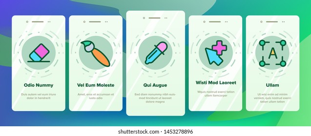 Design Tools Vector Onboarding Mobile App Page Screen. Graphic Design Tools, Painting, Sketching Accessories Linear. Drawing Equipment, Brushes, Pencils, Image Editing Instruments Illustrations