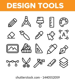 Design Tools Vector Thin Line Icons Set. Graphic Design Tools, Painting, Sketching Accessories Linear Pictograms. Drawing Equipment, Brushes, Pencils, Image Editing Instruments Contour Illustrations