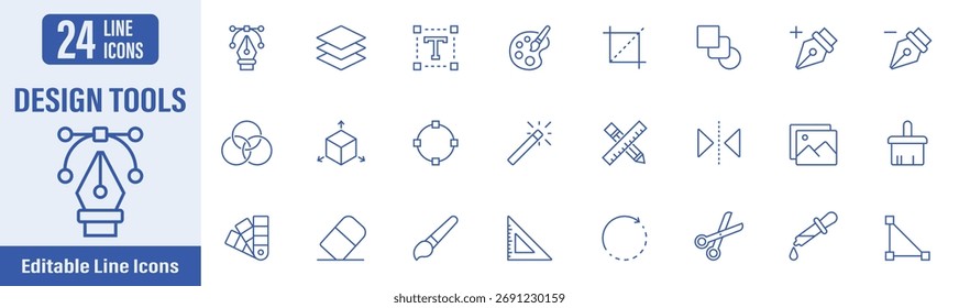 Design Tools web icons in line style. Contains icons as select tool, pen tool, paintbrush, shape tool, layer tool, text, color picker, and more. Vector illustration.