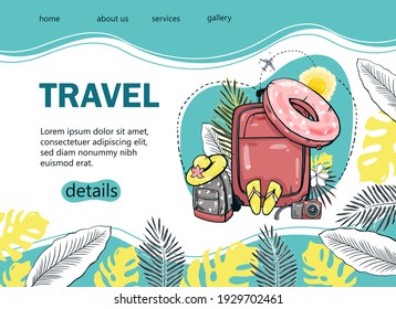 Design a tourist banner with a palm tree, sea, backpack, sun umbrella, airplane for a popular tourist blog, landing page or tourist website. Hand-drawn vector illustration.