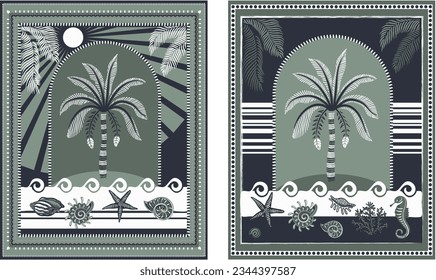 Design for towel, scarf, yoga mat. Summer rectangular design. Palm trees, sun, beach, seashells