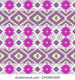 Desenhar padrões geométricos étnicos tradicionais em rosa, azul, amarelo e roxo, inspirados em motivos navajo e índios ameríndios. Perfeito para roupas, cortinas, tapetes, sarongs, têxteis Hmong,